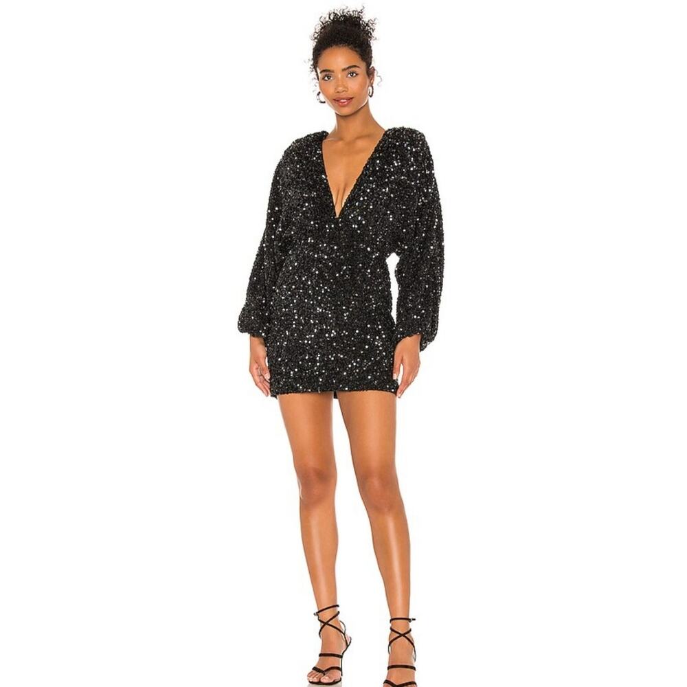 Retrofete Aubrielle Sequin Mini Dress Black Size Small NWT Long Sleeve V Neck